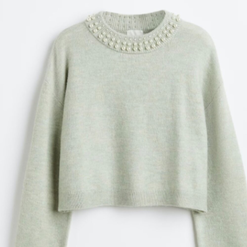 H&M Light Green Pearl Beaded Sweater - Size Small